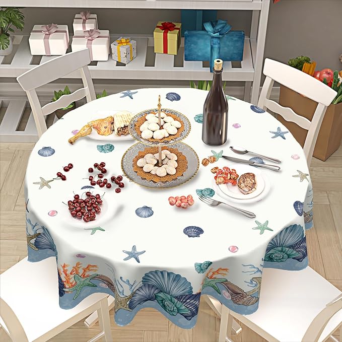 Summer Nautical Coastal Round Tablecloth 60 Inch Coral Shells Starfish Circle Table Cloth Blue Table Cover Washable Polyester Decorations for Kitchen Dinning Room Party