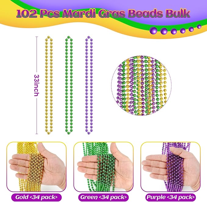 102 PCS Mardi Gras Beads, 33'' Metallic Gold Green Purple Mardi Gras Beads Necklaces Mardi Gras Necklaces Accessories Bulk Carnival Bead Necklace for Mardi Gras Parade Throws Party Decorations Favors