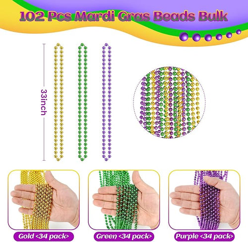 102 PCS Mardi Gras Beads, 33'' Metallic Gold Green Purple Mardi Gras Beads Necklaces Mardi Gras Necklaces Accessories Bulk Carnival Bead Necklace for Mardi Gras Parade Throws Party Decorations Favors