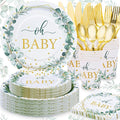 168 PCS Sage Green Baby Shower Decorations Neutral, Baby Shower Plates and Cups and Napkins Sets Serves 24, Oh Baby Plates for Boy, Gender Reveal, Green and Gold Plant Eucalyptus Boho