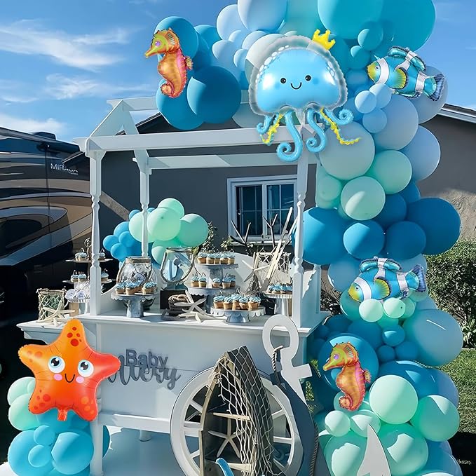 Under the Sea Party Decoration,162Pcs Mix Sky Royal Blue Balloon Arch Kit with Bubbles Starfish Shark Jellyfish Foil Balloon for Sea Animal Ocean Theme Birthday Baby Shower Beach Pool Party Supplies