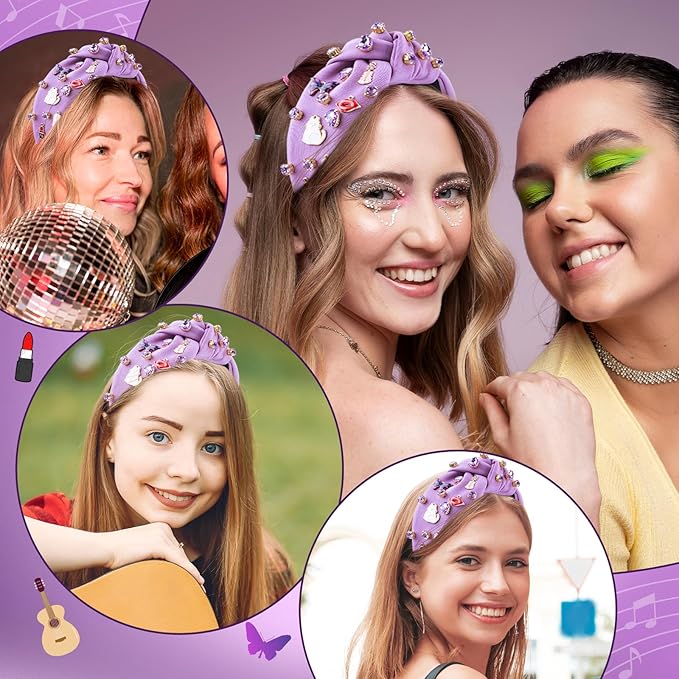 Music Headbands for Women, Singer Fans Valentines Day Gifts, Guitar Red Lip Rhinestone Wide Jeweled Knotted Headband, Crystal Beaded Jeweled Headband Hair Accessories Concert Birthday Gift (Purple)