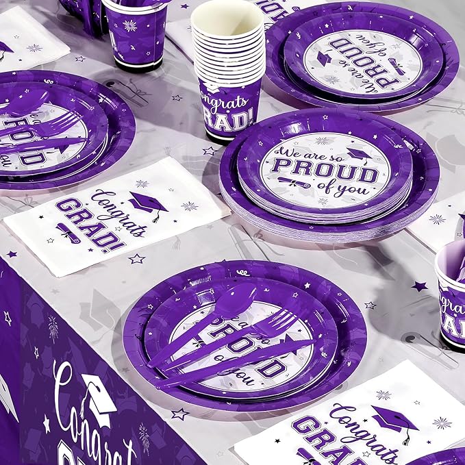 Graduation Party Supplies Congrats Grad Plates and Napkins Set Serve 50, Disposable Tableware Paper Plates Napkins Cup Knive Spoon Fork Straw for Class of 2026 Graduation Party Decorations Purple
