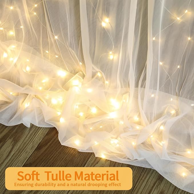 10 FT x 8 FT White Backdrop Curtain - Tulle Backdrop Curtain with 9.8FT Lights String - Sheer Backdrop Curtains with 4 Inch Rod Pockets for Birthday Weddings Baby Shower Celebration Party Decorations