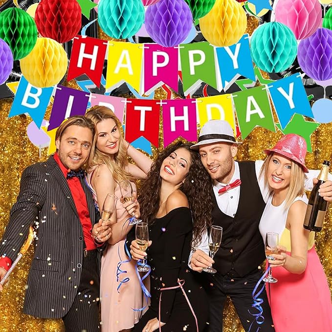 Colorful Rainbow Birthday Party Decorations Kit with Honeycomb Balls, Rainbow Stars Hanging Swirl Streamers, Circle Dots Garland, Happy Birthday Party Decorations for Women Men Boys Girls
