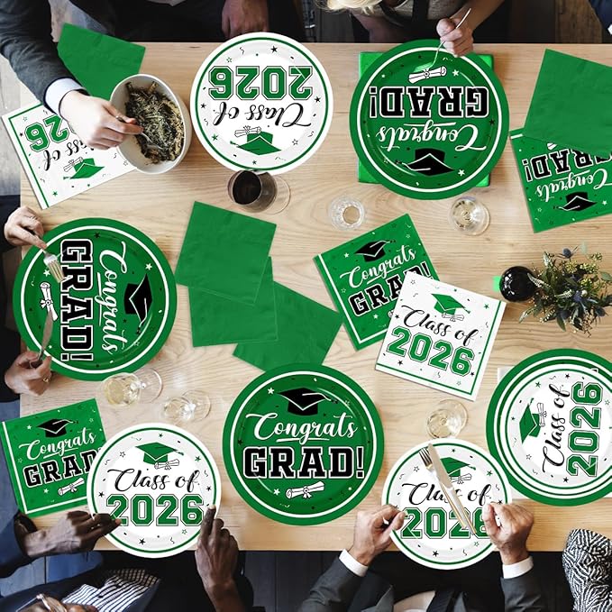 Graduation Party Plates and Napkins Green Class of 2026 Grad Congrats Party Supplies Disposable Dessert Paper Plates Cocktail Napkins forGraduation Party Decorations,Serve 50