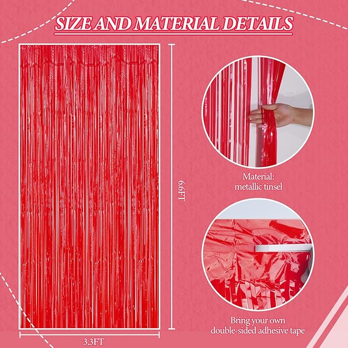 2 Pack Foil Fringe Backdrop - Pastel Red Shiny Tinsel Curtains for Party Decoration/Photo Booth Props - 3.3x6.6 FT Metallic Foil Backdrop for Birthday, Wedding, Graduation, Christmas.