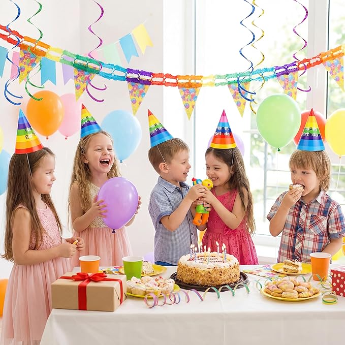 Azude Rainbow Party Hats for Kids and Adults, 12 Pack Happy Birthday Cone Hats with Metallic Foil Text, Sturdy 250gsm Paper Birthday Caps for Boys Girls & Classroom Celebrations, 7.9 Inch