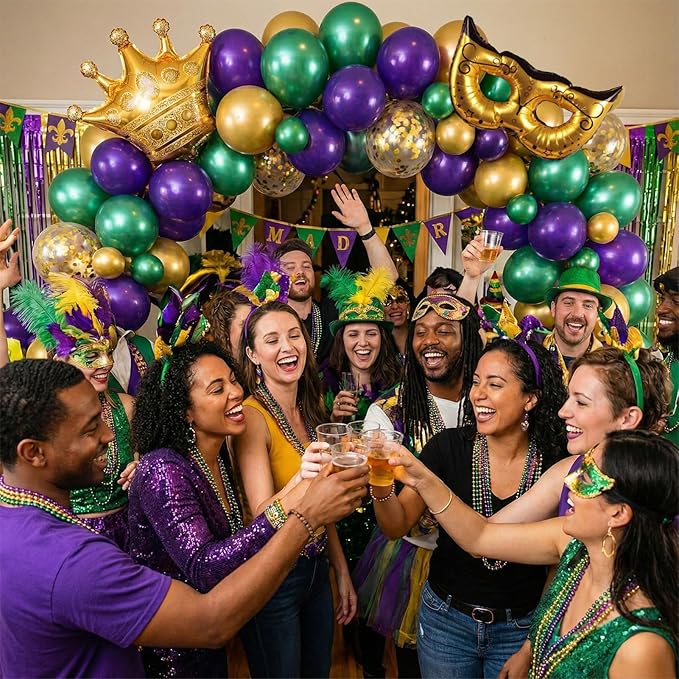 Mardi balloon garland arch kit 130pcs Purple green gold with golden confetti balloons Mylar star Crown and Crown Mask Balloons for Gorgeous Funny Grand Fat Tuesday Party decorations