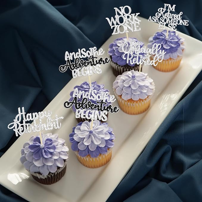 Gyufise 30Pcs Happy Retirement Cupcake Toppers Officially Retired No Work Zone Adventure Begins Cupcake Picks for Retirement Theme Farewell Birthday Party Cake Decorations Supplies Silver