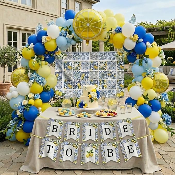 Lemon party decorations with Royal Blue Yellow White balloon arch kit Lemon foil balloons Banner Backdrop for bachelorette bridal shower capri italian amalfi coast wedding Bride to be decorations
