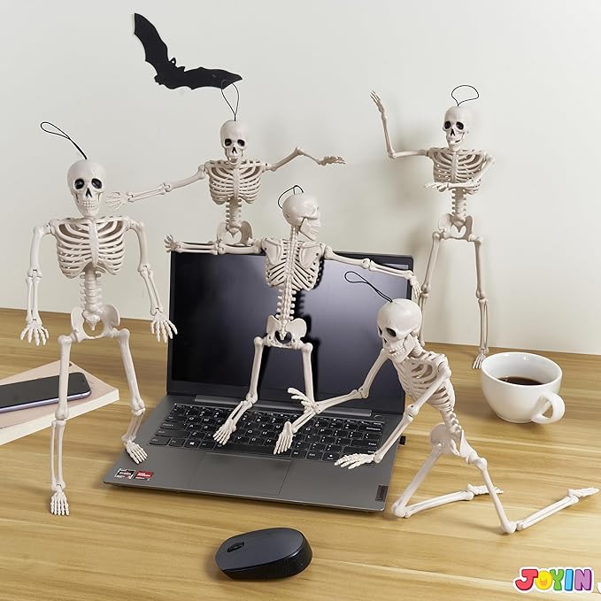 JOYIN 5 PCS Posable Halloween Skeleton Decor 16 Inches, Full Body Posable Joints Hanging Skeletons for Halloween Decorations, Graveyard Props, Haunted House Accessories, Spooky Scene Party Favors