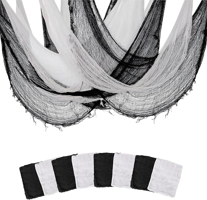 Halloween Creepy Cloth - 8 Pack (4 Black/4 White)- 76x30 Inch Cotton Gauze Fabric - DIY Spooky Decor for Haunted House,Spider Web,Ghost - Indoor Outdoor Halloween Party Decorations