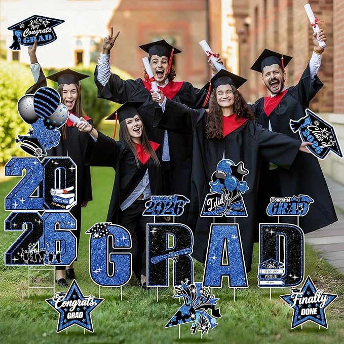 15 PCS Graduation Yard Signs Class of 2026 Decorations, 2026 Graduation Decorations - Large 4FT Tall Congrats Grad Lawn Sign Set with H-Stake & Fiberglass Rods, Waterproof Outdoor & Indoor Graduation Party Decor,Blue and Black
