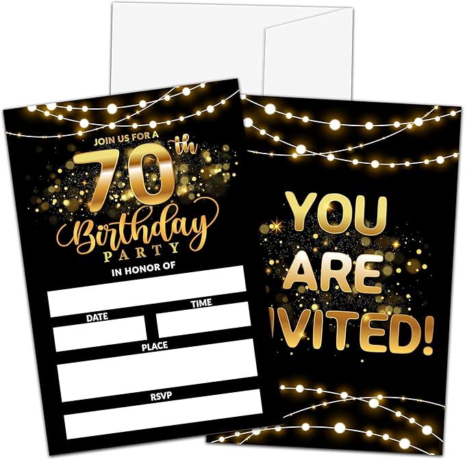70th Birthday Invitations, Birthday Party Invitations For Women Men, 70 Year Old Birthday Invites, Black Gold Birthday Party Decorations Favors, 20 Invitations with 20 Envelopes - C03