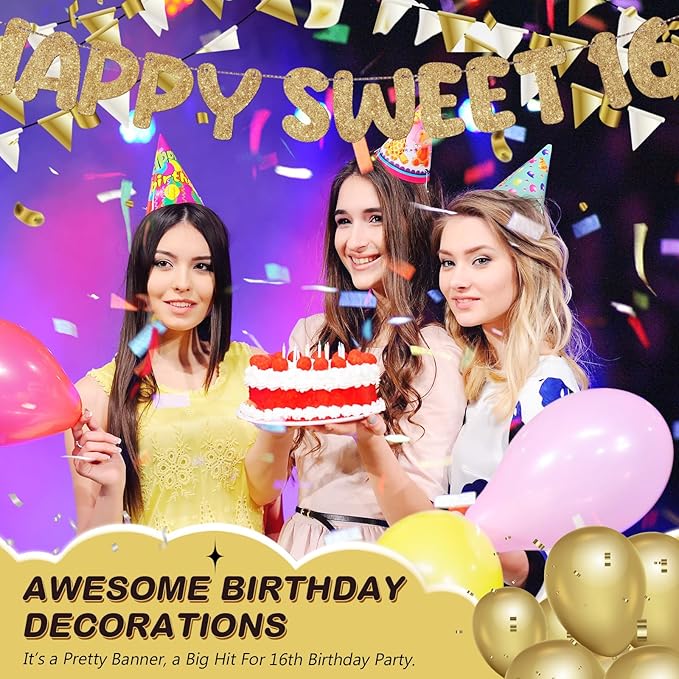 Fulmoon Pre Strung Happy Sweet 16 Banner Glitter Sixteenth Birthday Party Decorations 16th Party Sign Sweet 16 Party Decorations for Birthday Party Bachelorette Party(Champagne Gold)
