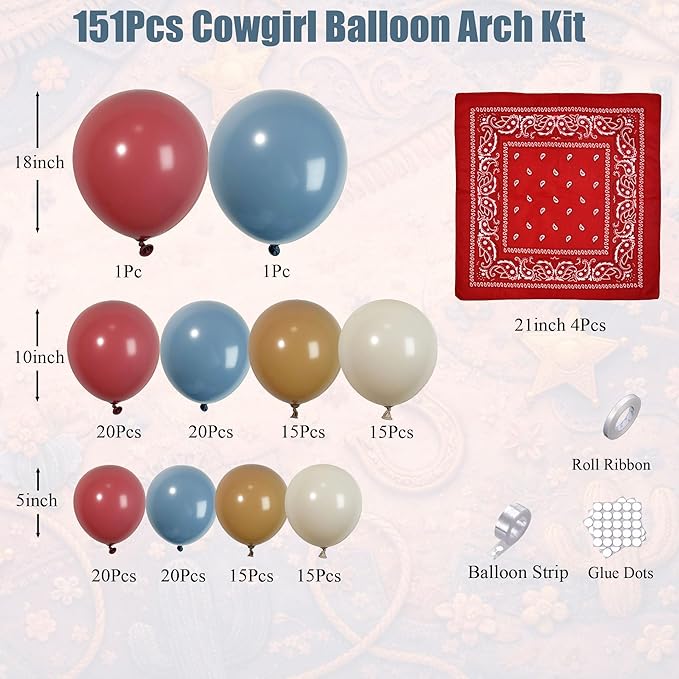 Cowgirl Balloon Arch Kit, Dusty Blue Dusty Pink Sand White Light Brown Balloon Garland with Paisley Bandana, for Western Rodeo Birthday Baby Shower Party Decorations