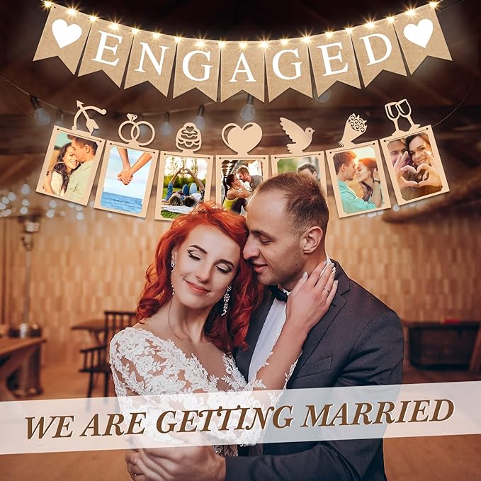 2 Pieces Engaged Banner and Photo Banner with String Lights Engagement Party Decorations Burlap Romantic Engaged Sign Bunting Garland for Wedding Anniversary Bridal Shower Backdrops Photo Props