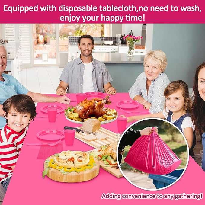 Cerise Plastic Plates Set-100 Guest 9" Dinner Plates & 7" Dessert Plates,12 oz Cups,Napkins,Forks,Hot Pink Disposable Plastic Tableware for Girls Women,Summer Party,Birthday