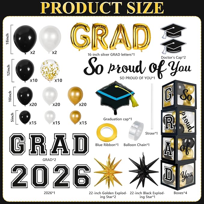 2026 Graduation Boxes Decorations,Black and Gold Balloon Garland Arch Kit with GRAD,2026 Balloon Boxes,Graduation Cap Decor for High School,College Graduation Party Supplies