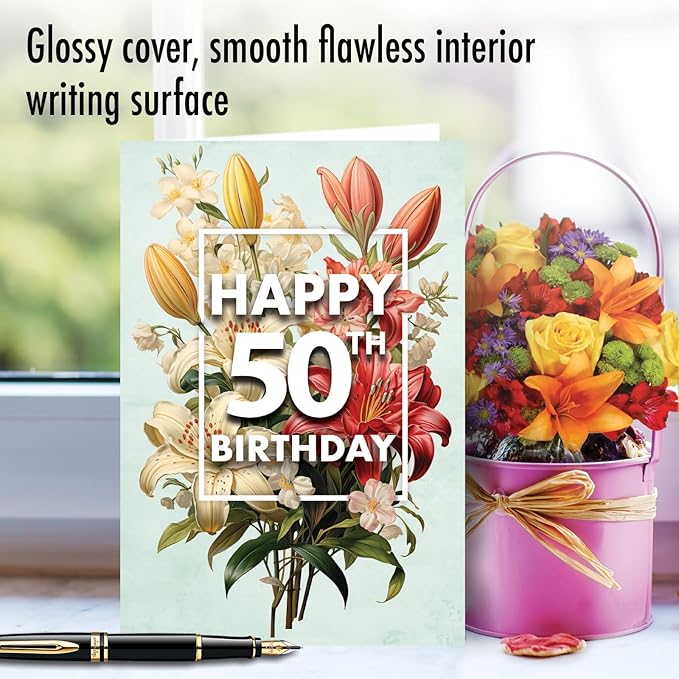 NobleWorks 50th Birthday Milestone Greeting Card with 5 x 7 Inch Envelope (1 Card) Flowers For Milestones - 50 C10592MBG