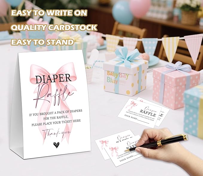 Pink Bow Baby Shower Diaper Raffle, Baby Shower Game, Include One 5×7 Sign and 50 Diaper Raffle Tickets, Pink Coquette Bow Gender Reveal Party Decoration Supplies - FG17
