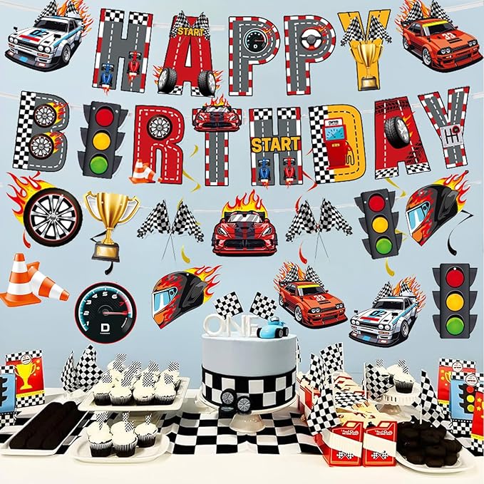 Zwiebeco Race Car Happy Birthday Banner Bunting Hanging Paper Swirls Garland Party Decorations for Racing Themed Boys Men Bday Baby Shower Decor Accessories Supplies