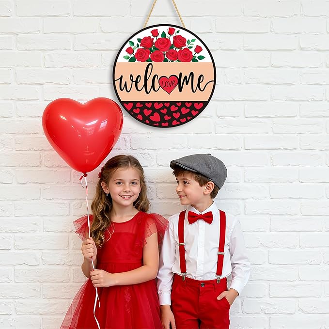 Valentines Day Decorations - Wreath Welcome Sign for Front Door | Rustic Round Wood Wreaths,Heart Rose Garland Outdoor Indoor - Valentines Decor Party Favors Supplies for Door Wall Room Porch Kitchen