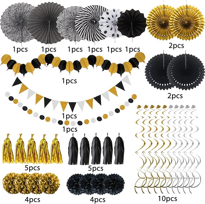 ZERODECO Party Decorations, 41 Pcs Black and Gold Papar Fans Pompoms Garlands String Tissue Paper Tassel for Graduation Congrats Grad New Years Wedding Birthday Party