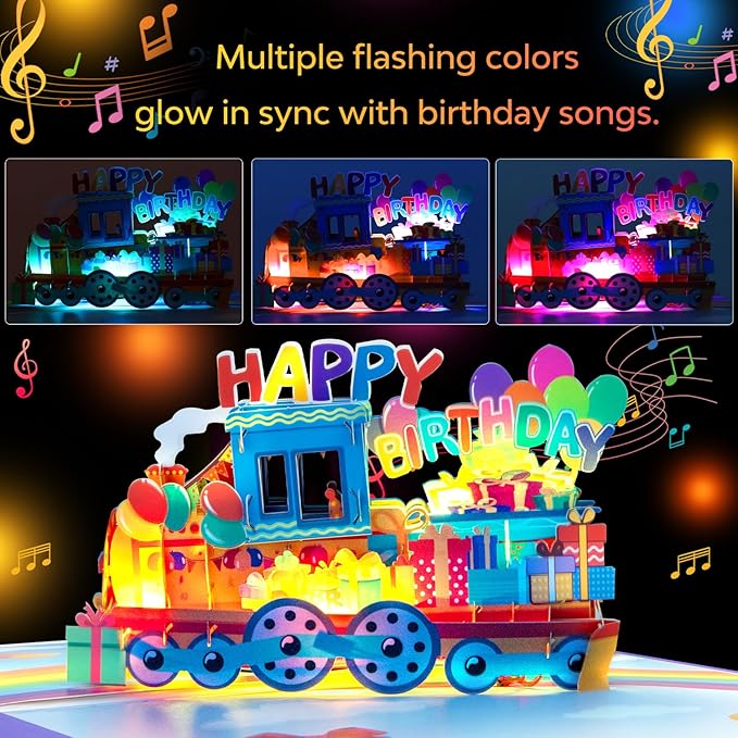 3D Train Pop Up Musical Birthday Card for Grandson, Granddaughter, Kids, Boys and Girls, Light Up Features, Plays 'Happy Birthday' Song, Fun Interactive Birthday Greeting
