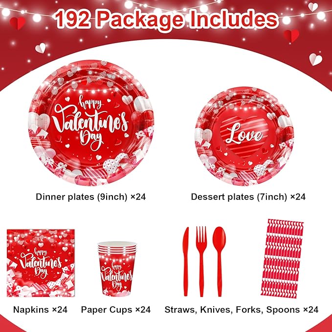 Avezano 192 Pcs Valentine's Day Plates and Napkins Happy Valentines Day Party Decorations Paper Disposable Tableware Set Supplies Serves 24