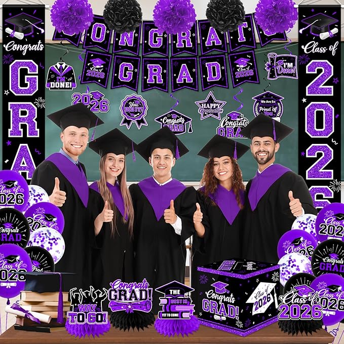 Graduation Decorations Class of 2026,Purple Graduation Decorations 2026- Congrats Grad Decorations Banner ＆ Hanging Swirls,Graduation Card Box,Paper Pompoms,Balloons,Porch Sign for College Grad Party