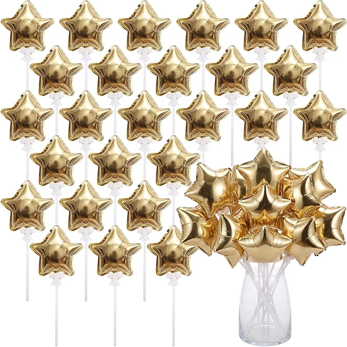 30 Pcs Star Self Inflatable Balloons with Bow Stems Star Foil Balloons Mini Pentagram Decoration for Patriotic Independence Day Graduation Birthday Baby Shower Anniversary(Gold,4 Inches)