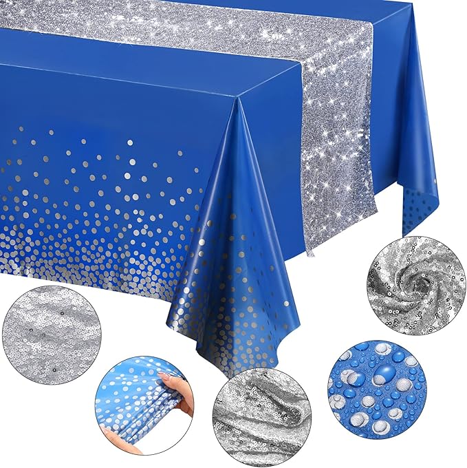 Irenare Tablecloth and Sequin Table Runner Set Polka Dots Confetti Table Cover Dining Plastic Tablecloths Glitter Decorations for Birthday Wedding Anniversary Party Supplies(Blue, Silver,2 Pcs)