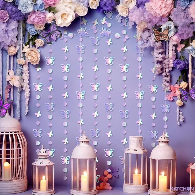 KatchOn Iridescent Butterfly Garland - Pack of 6, | Pre-Strung Butterfly Wall Decor & Birthday Banner for Girls | Iridescent Backdrop for Bachelorette Party | Butterfly Birthday Decorations for Women