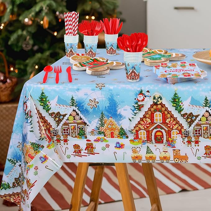durony 194 Pieces Gingerbread Christmas Tableware Set Party Supplies Includes Paper Plates Napkins Cups Straw Plastic Tablecloth Knife Fork Spoon Serve 24 Guests for Xmas Holiday Party Decorations