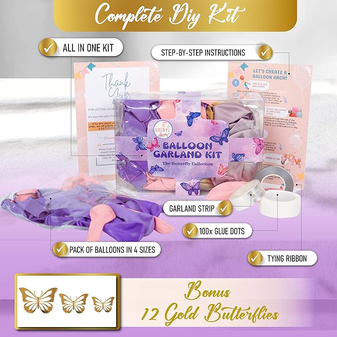 ALL-IN-1 Pink and Purple Balloon Arch Kit & Garland with BONUS Gold Butterfly Balloon Arch Kit – Pastel Pinks and Purples balloons for Girl Pink and Purple Party Decorations or Baby Shower Decorations