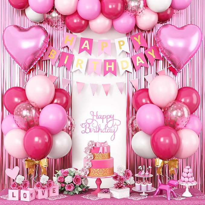 Hot Pink Birthday Decorations for Girls,Happy Birthday Banner Party Decoration Fringe Curtain Heart Foil Balloons for Women Party Decorations