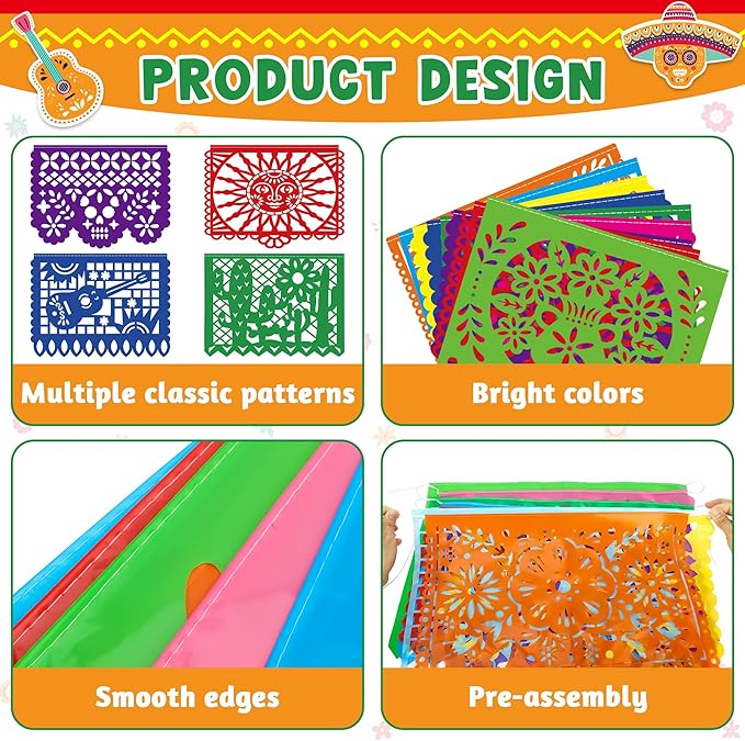 3 PCS Cinco De Mayo Decorations, Plastic Mexican Party Banner 55.2 FT Papel Picado Dia De Los Muertos, Colorful Fiesta Banner for Day of the Dead Decorations Ofrenda Decorations for Fiesta Decor