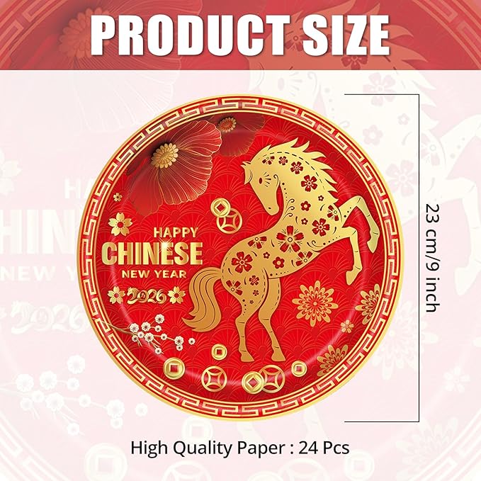 24 Pieces Chinese New Year 2026 Paper Plates – 9 Inch Red and Gold Horse Design Disposable Dinner Plates for Lunar New Year Party, Spring Festival, and Year of the Horse Celebrations