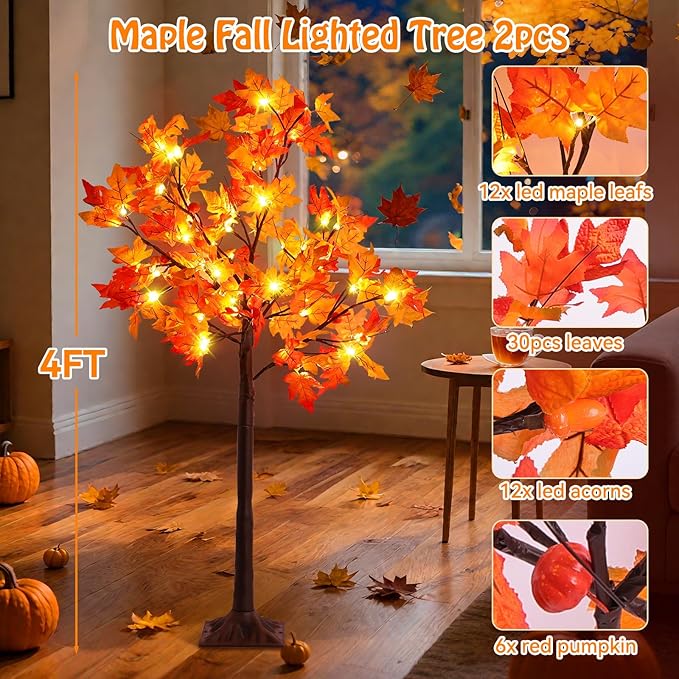 2Pack 4FT Artificial Prelit Lighted Fall Maple Tree for Home Fall Halloween Thanksgiving Table Harvest Home Indoor Decoration