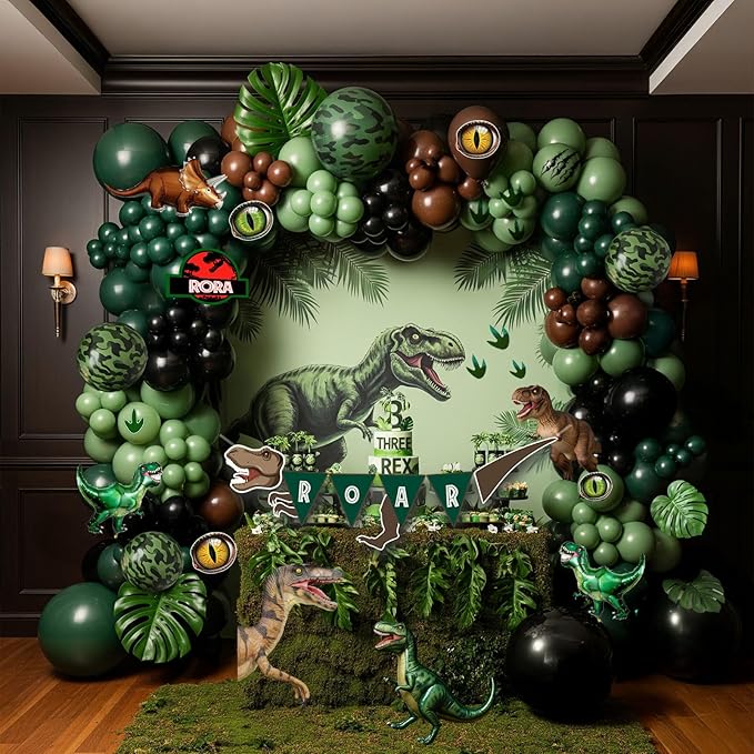 Dinosaur Birthday Party Decorations hunter Green black brown balloon arch kit with mini dino Foil balloons ROAR Banner Dinosaur eye stickers for jungle adventure Boy Scouts three rex Jurassic Supplies
