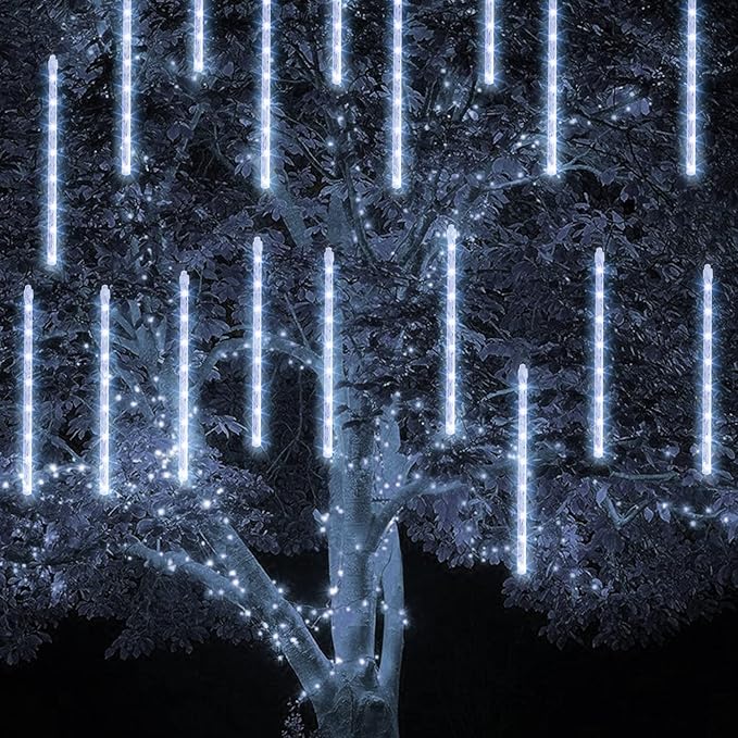 TW SHINE White Christmas Meteor Shower Lights Outdoor, 288LED 12" 8 Tubes Waterproof Christmas Lights Outdoor Plug in, Snow Falling Rain Icicle Xmas Light Decorations, White