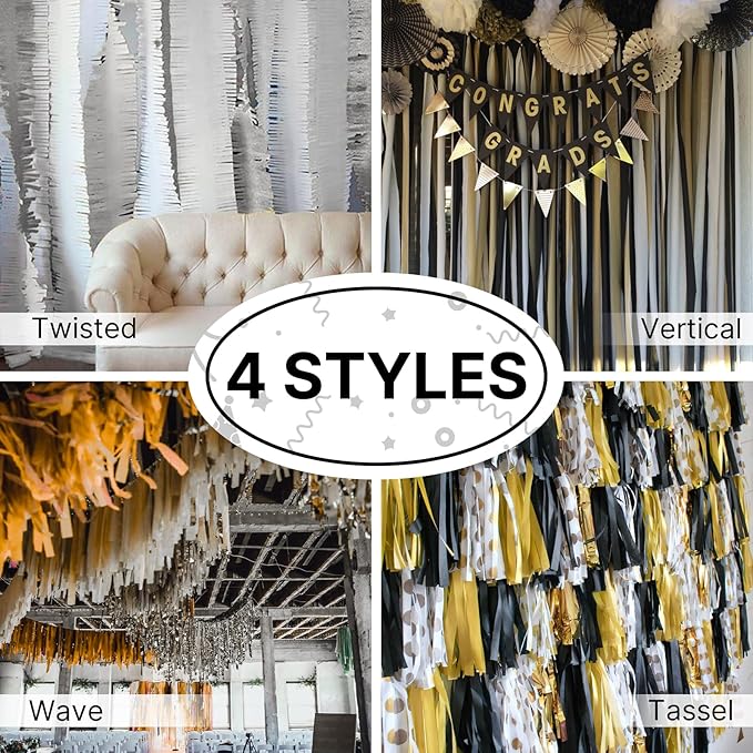 PartyWoo Crepe Paper Streamers 4 Rolls 328ft, Pack of Silver Foil Party Streamers, Party Streamers for Birthday Party Decorations, New Year's Eve Decorations, Wedding Decorations (1.8 In x 82 Ft/Roll)