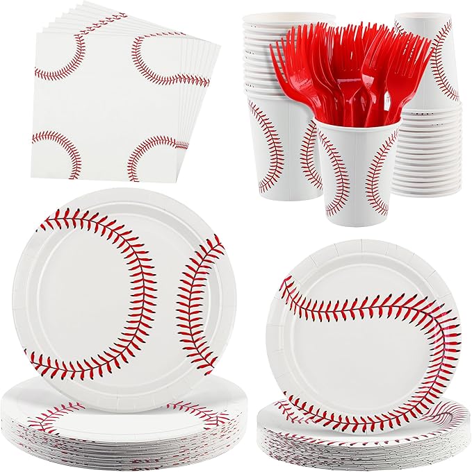 Kochorie 144 Pieces Baseball Party Supplies, Sports Tableware Sets Including Disposable Paper Plates Napkins Cups Forks Serves 24 for Birthday Sports Baseball Party Decorations