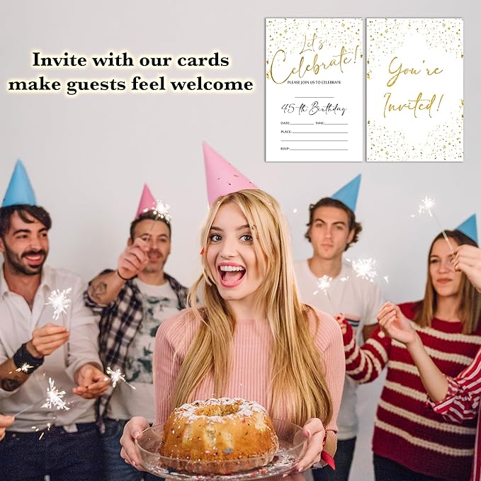 45th Birthday Invitations Cards, 4"x 6" White and Gold Confetti Birthday Party Invites with Envelopes for Party Decorations Supplies(20 Pieces) -D12