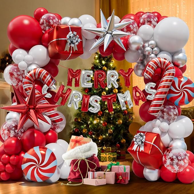 Christmas Balloon Garland Arch kit with Merry Christmas Banner and Xmas Red White Silver Cane Candy Balloon Gift Box Balloons Explosion Star Foil Balloons for Xmas Party Decorations