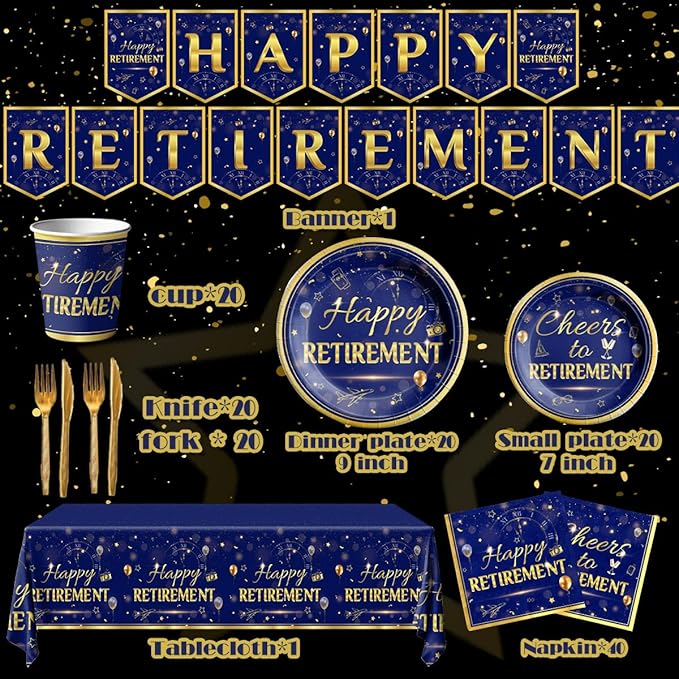 142Pcs Retirement Tableware Party Decorations Happy Retirement Party Supplies Blue Gold Plastic Disposable Banner,Cup,Tablecloth,Plates and Napkins Se