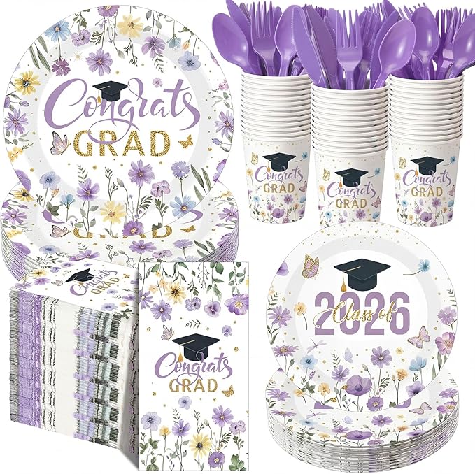 400 Pcs Class of 2026 Purple Floral Graduation Decoration for 50 Guests, Purple Gold Flower Graduation Paper Plates Napkins Cups Cutlery Grad Tableware for 2026 Congrats Grad Party Supply