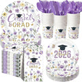 400 Pcs Class of 2026 Purple Floral Graduation Decoration for 50 Guests, Purple Gold Flower Graduation Paper Plates Napkins Cups Cutlery Grad Tableware for 2026 Congrats Grad Party Supply